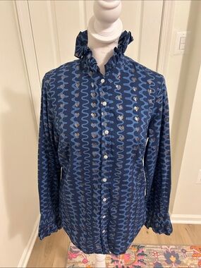 Oliphant Zig Zag Metallic Heart Button Down Cotton Blouse Size Small Nomad Blue